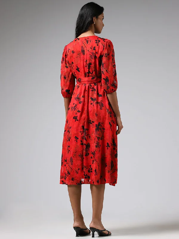 Wardrobe Bright Red Floral Printed A-Line  Dress with Belt