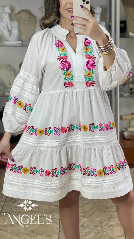 White Floral Embroidered Dress