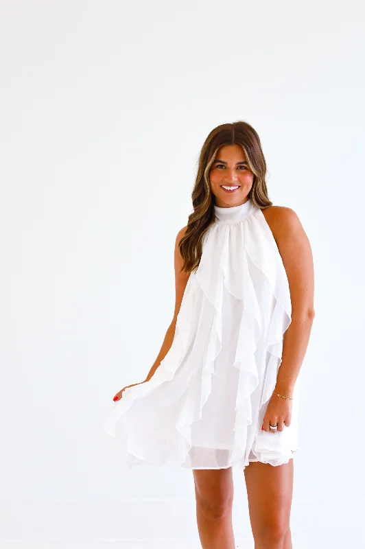 WHITE RUFFLE SWING DRESS