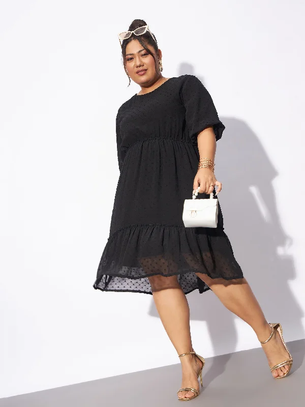 Women Black Dobby Puff Sleeve Skater Dress