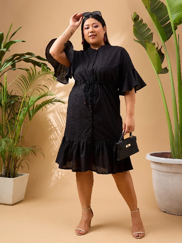 Women Black Schiffli Frill Sleeve & Hem Short Dress