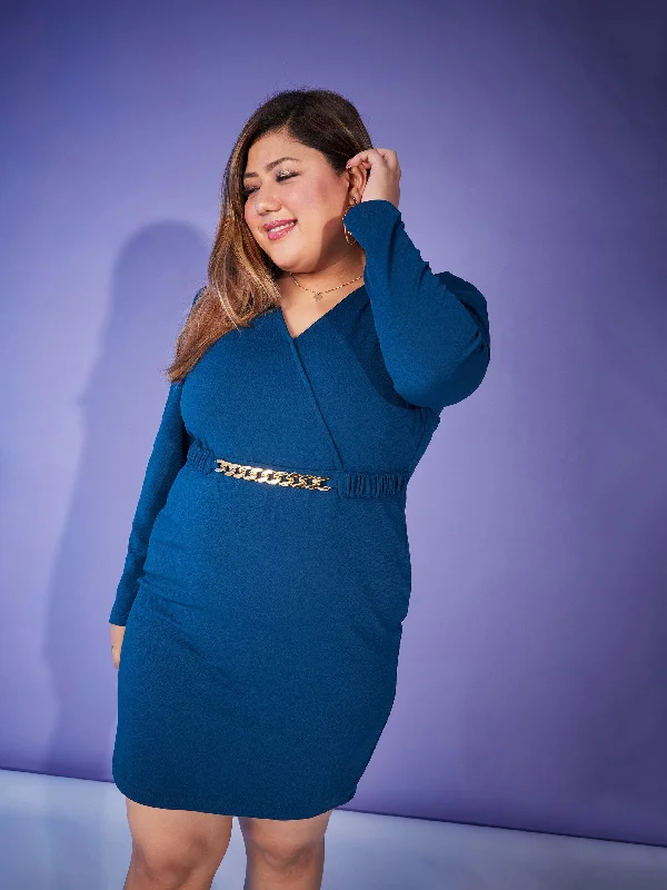 Women Blue Belted Bodycon Dress