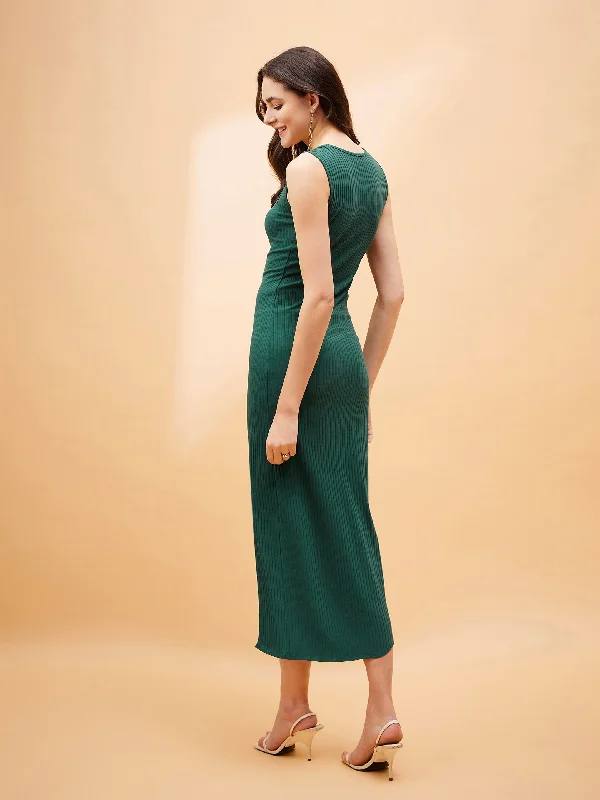 Women Emerald Green Square Neck Midi Slit Dress