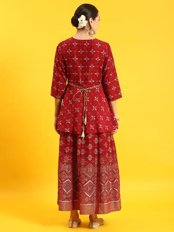 Women Maroon Ornamental Print Dress