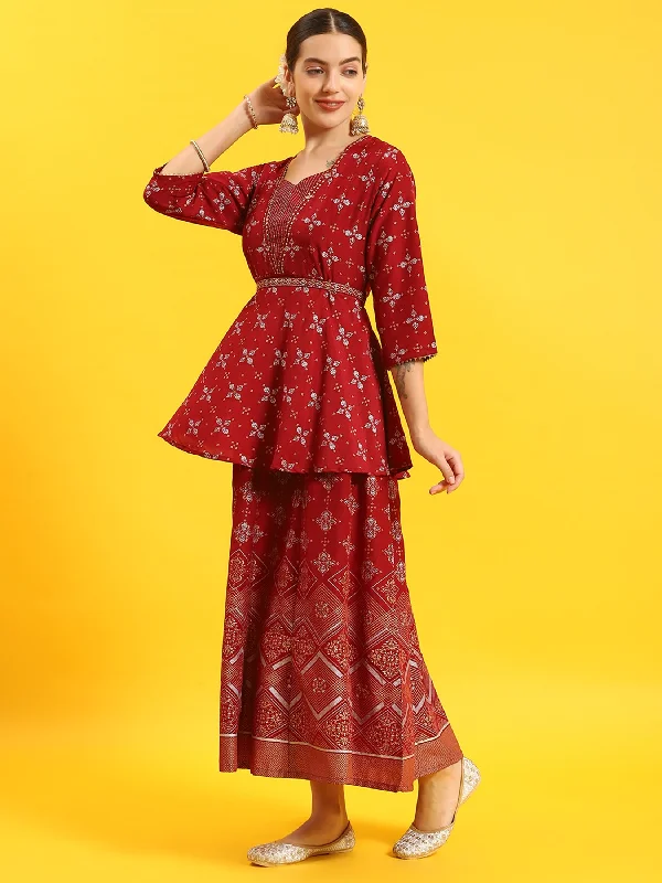 Women Maroon Ornamental Print Dress