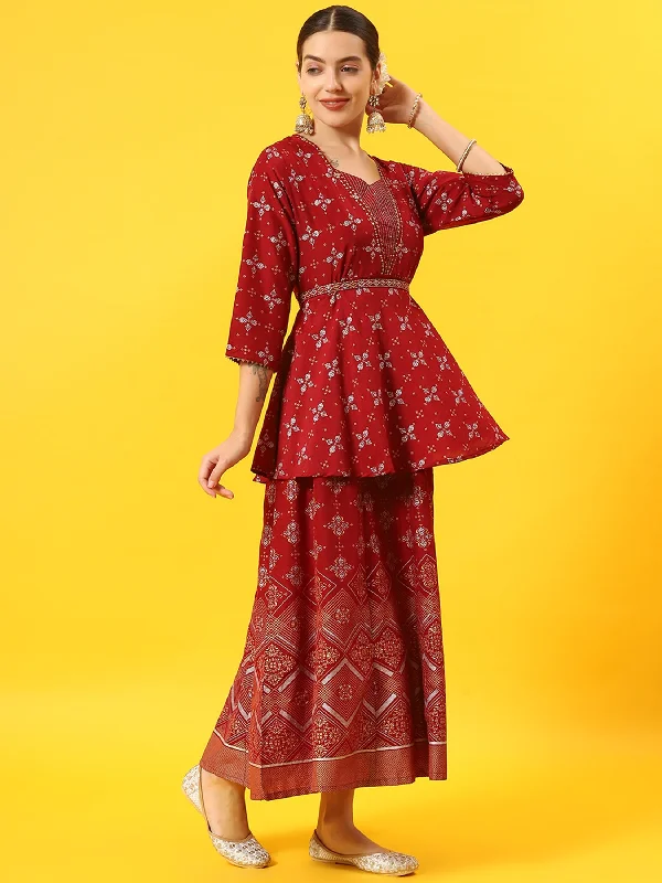 Women Maroon Ornamental Print Dress