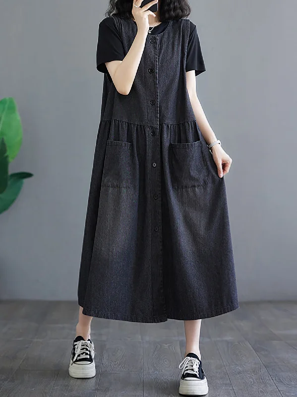 Women Summer Solid Denim Button-up Vest Dress OP1040