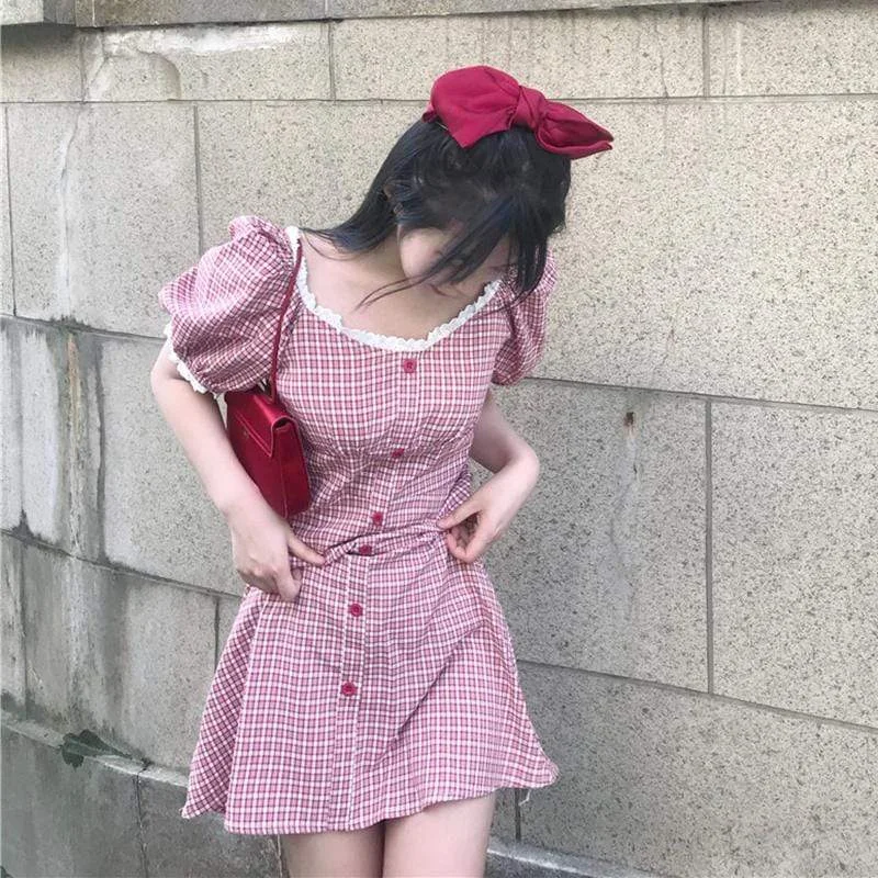 Women's Cute Lace Ruffles Single-breasted Plaid Dresses