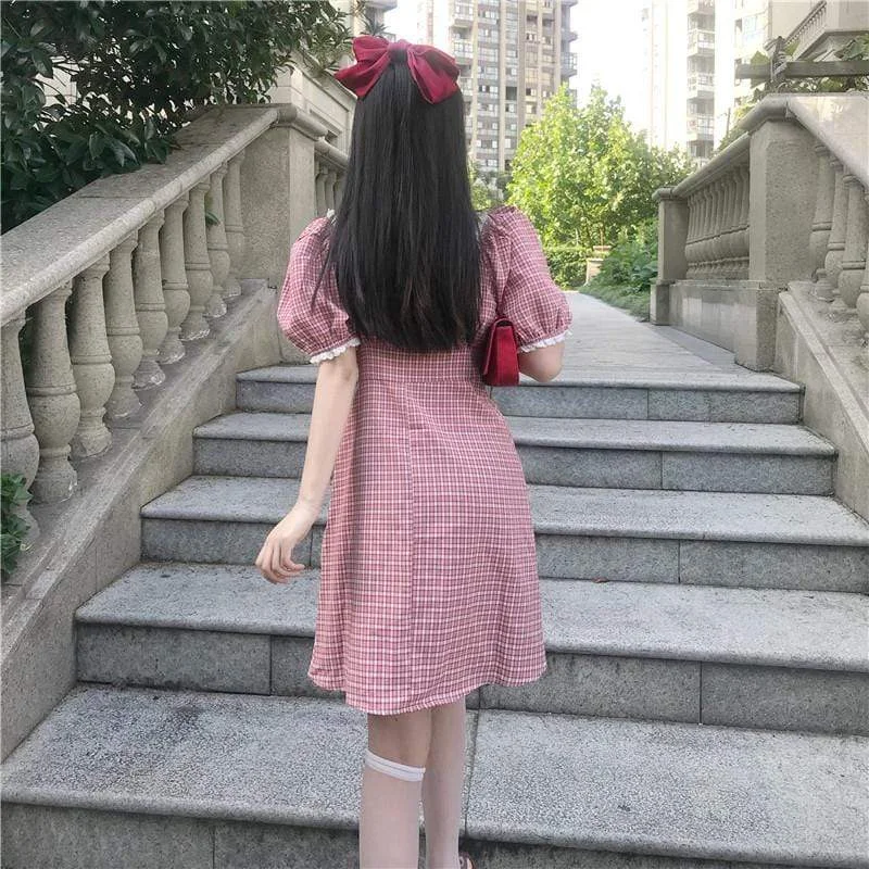 Women's Cute Lace Ruffles Single-breasted Plaid Dresses