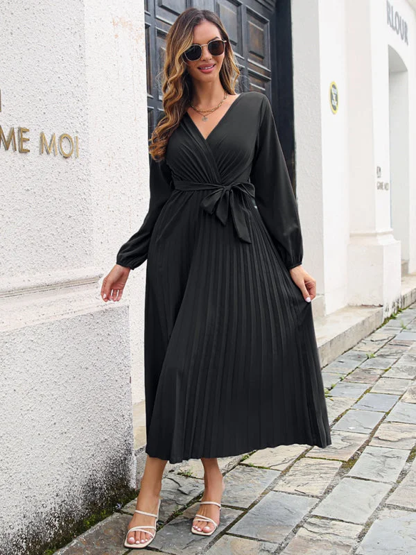 Women's Long Length Pleated Wrap Tie Dress