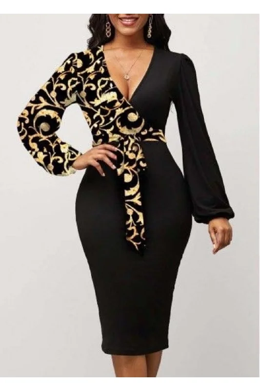 Women's Long Sleeve Double Breasted Collar One Side Gold Patterned Belted Diving Dress REF : JNS-c7a8330bc1b79b8295ca