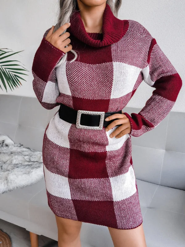 Women's Plaid Print Cowl Neck Knitted Dress