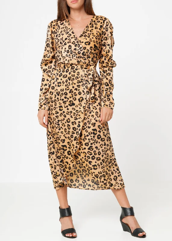 Women's Print Puffy Shoulder Dress in Brown Leopard