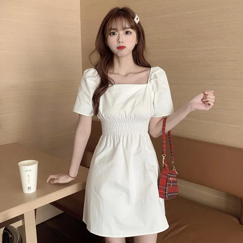 Women's Sweet Shirring Square Collar Dresses