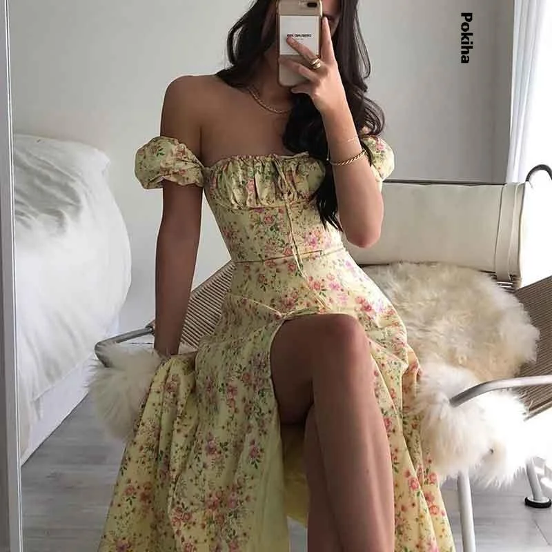 znbbw Floral Print Maxi Dress Women Elegant Square Neck Puff Sleeve High Split Long Dress Summer Casual Outfit Party Chic Vestido