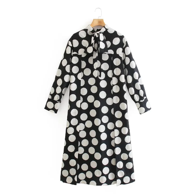 Znbbw Polka Dot White Black Vintage Shirt Dress for Women Sash Long Sleeve Ladies Autumn Winter Midi Long Dress Robe Vestido