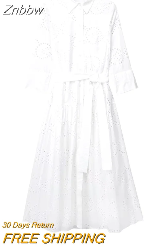 Znbbw TRAF Women 2023 Chic Fashion With Belt Button-up Midi Shirt Dress Vintage Long Sleeve White embroidery Female Dress