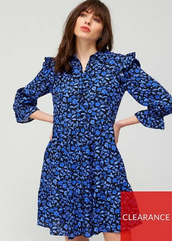 Button Through Shirt Dress Blue Floral UK 12 ****Ref V426