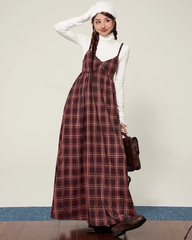 Kadence Auburn Plaid Spaghetti Strap V-Neck Long Maxi Dress