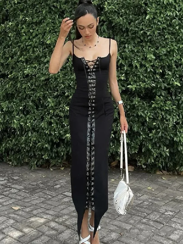 Lunivop Elegant Sexy Stitching Lace Up Eyelet Suspender Maxi Dress Women's Slim Black Club Party Dress Sleeveless Female Outfit