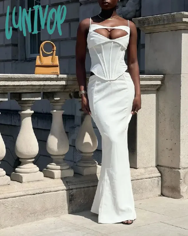 Lunivop White Evening Prom Dress Cut Out Wedding Party Dresses Sleeveless Long Formal Occasion Dresses Elegant Summer Dress Women