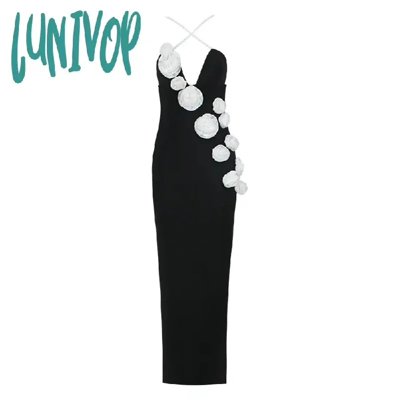 Lunivop Women Elegant Luxury 3d Flowers Beaded Sling Backless Design Floral Long Bandage Dress Formal Occasion Dresses Cocktail Party