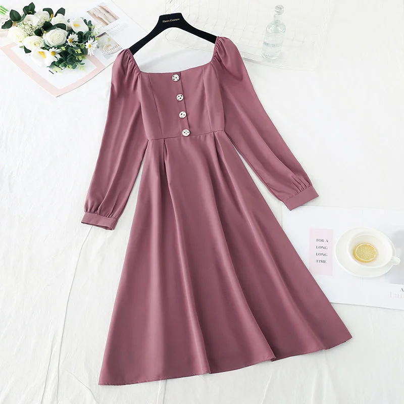 New solid color sweet square neck covering meat, thin and gentle skirt  4735