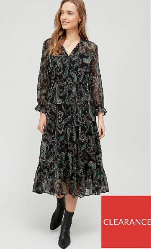 Paisley Print Dress Midi Long Sleeve UK 12 ****Ref V416