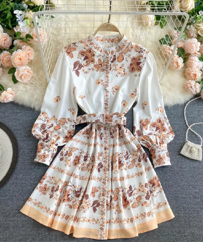 Retro print slim long sleeve dress  1031